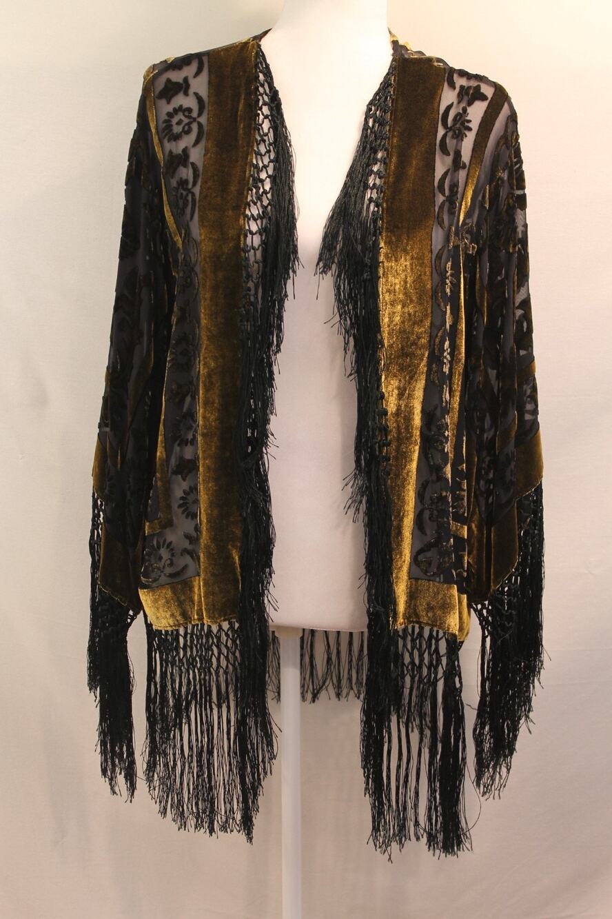 Chicos Design Vtg Silk Blend Velvet Burnout Sheer Kimono Jacket Fringe Trim M/L